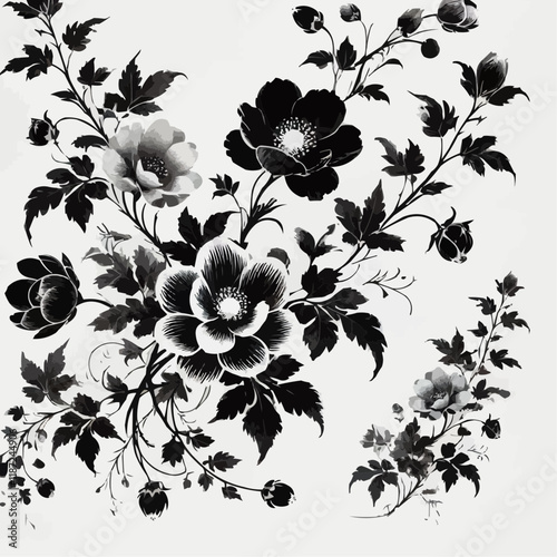 Elegant Monochrome Botanical Illustration of Blooming Flowers in Sophisticated Detail