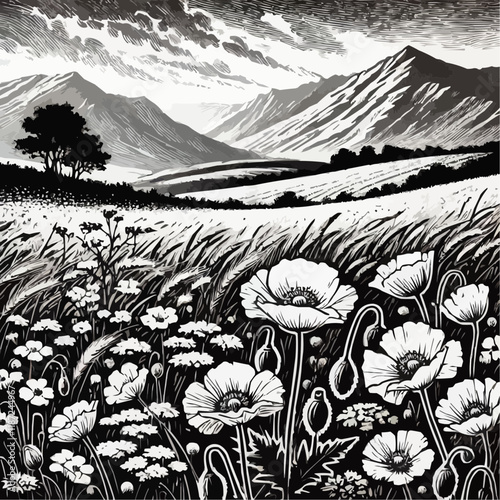 Rustic Woodblock Print of Mountain Poppy Field in Monochrome Tones