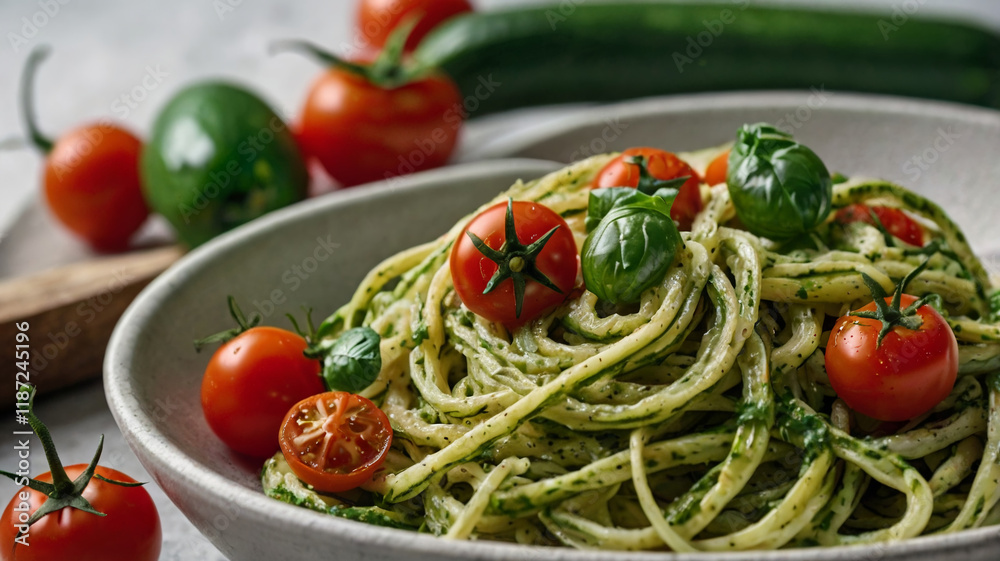 Zucchini Noodles in a Bowl with Cherry Tomatoes and Pesto Zucchini Noodles in a Bowl with Cherry Tomatoes and Pesto