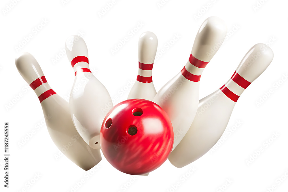 bowling ball hits bowling pins isolated on white background PNG.AI GENERATED bowling ball hits bowling pins isolated on white background PNG.AI GENERATED