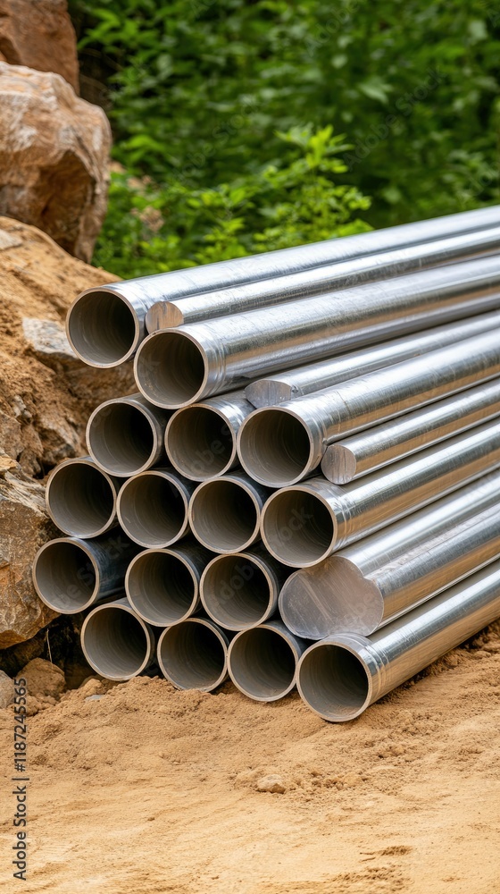 Stacked dirty steel tubes lay on the ground at a construction site, ready for water and gas service installation Stacked dirty steel tubes lay on the ground at a construction site, ready for water and gas service installation