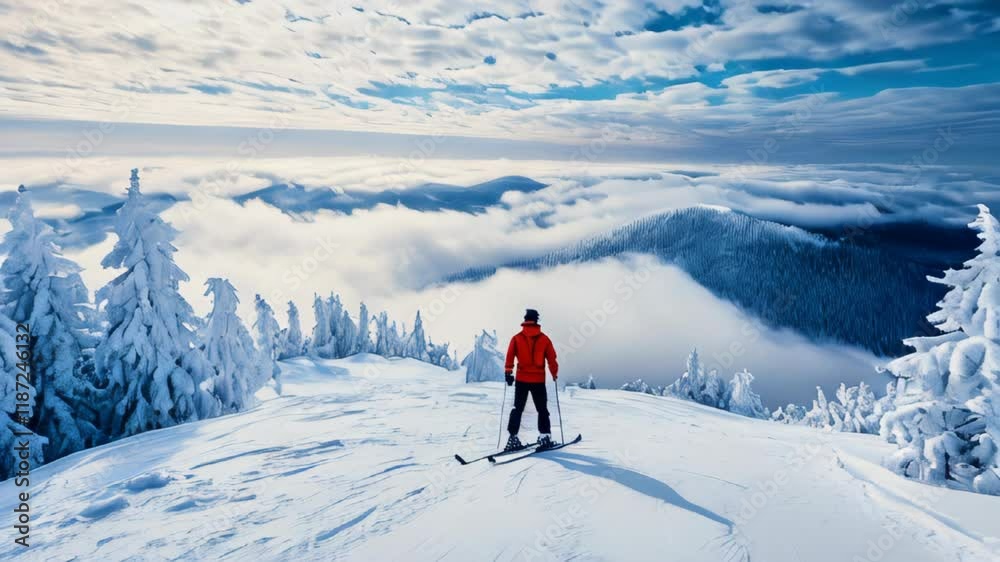 Beautiful skiing experience on a snowy mountain under a dramatic sky Beautiful skiing experience on a snowy mountain under a dramatic sky