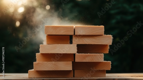 Warm sunlight filters through a forest, illuminating a carefully arranged stack of wooden blocks. soft haze enhances the tranquil atmosphere, capturing a moment of serenity