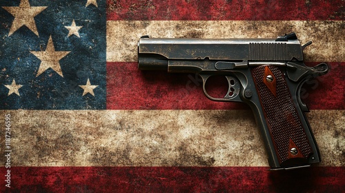 Handgun placed on worn American flag with vintage texture and rich colors