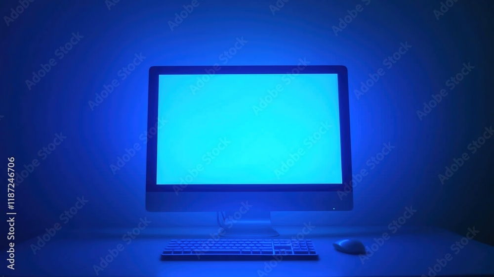 Fototapeta premium A compact computer setup glowing softly in a dark environment, symbolizing modern minimalism and focused productivity in a serene workspace.