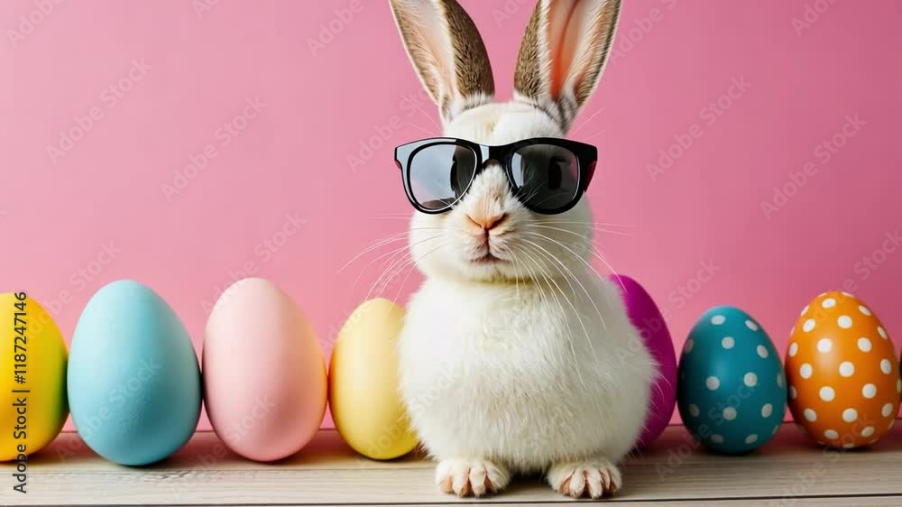 A funny Easter rabbit in stylish sunglasses stands confidently among pastel colored eggs, capturing the essence of spring festivities and joy