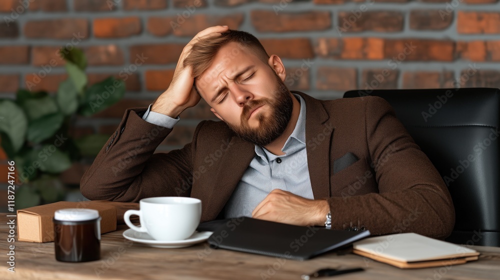 Obraz premium professional man sits at his desk, looking frustrated as he runs his hand through his hair. cup of coffee and notepad are nearby, set against a stylish brick wall