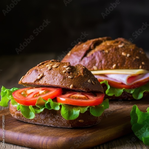 Artisanal sandwiches, rustic wooden board, dark moody background, fresh vegetables, gourmet buns, high-contrast lighting, food photography, appetizing, close-up, detailed textures, rich colors, appeti photo