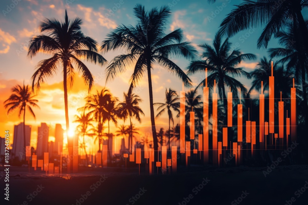 Obraz premium Sunset Over Tropical Cityscape with Financial Graph Overlay Reflecting Market Trends
