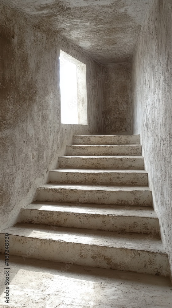 Minimalist staircase leading to a bright window in a concrete interior. Minimalist staircase leading to a bright window in a concrete interior.