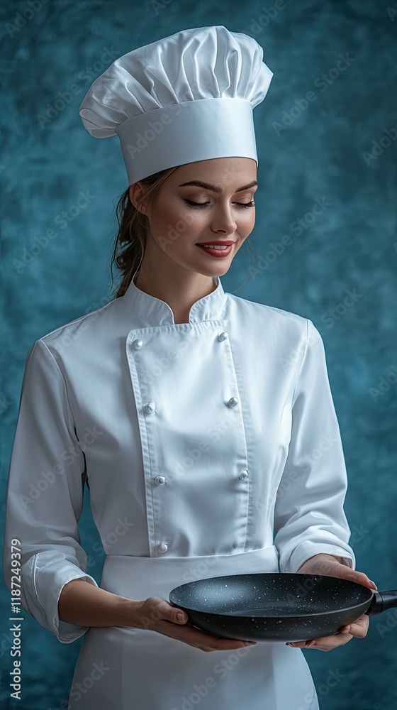Female Chef Holding Empty Frying Pan Wearing White Uniform Female Chef Holding Empty Frying Pan Wearing White Uniform