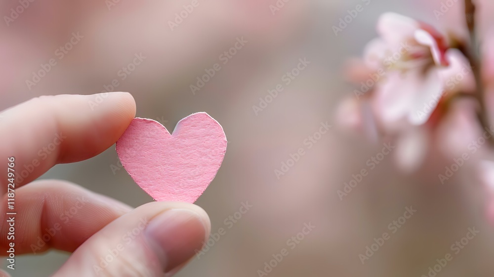 Pink paper heart held outdoors, spring blossom background, romantic greeting card design