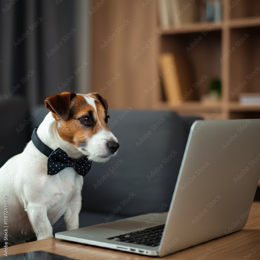 Small Jack Russell terrier, polka dot bow tie, working on laptop, cozy interior, warm lighting, focused expression, professional dog, home office setting, digital nomad pet, intelligent canine, adorab Small Jack Russell terrier, polka dot bow tie, working on laptop, cozy interior, warm lighting, focused expression, professional dog, home office setting, digital nomad pet, intelligent canine, adorab