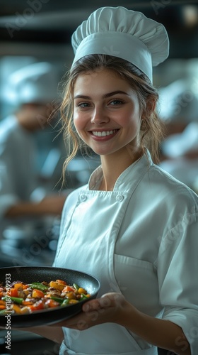 Young Female Chef Proudly Presents Delicious Cooked Dish photo