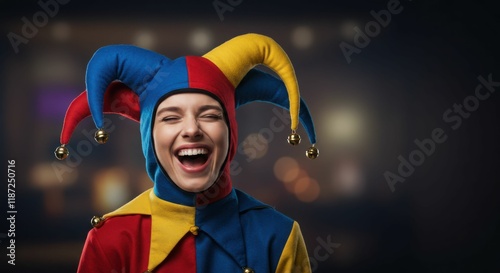 Young caucasian female jester laughing in colorful costume with jingle bells