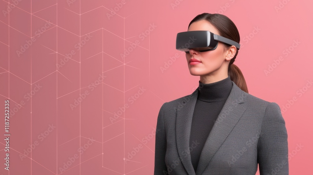 A woman in a stylish outfit wearing VR glasses, set against a pink background with geometric patterns, illustrates modern technology and innovation. A woman in a stylish outfit wearing VR glasses, set against a pink background with geometric patterns, illustrates modern technology and innovation.
