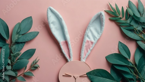 Happy Easter minimal concept. Bunny rabbit ears made of natural green leaves on pastel pink and blue background