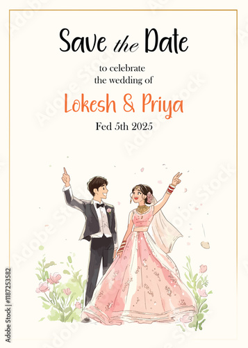 Modern Wedding Invitation Card Design with bride and groom