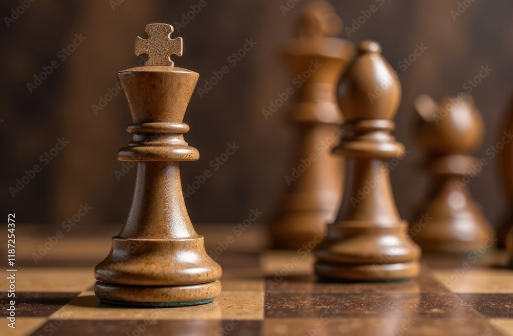 Chess king stands proudly in front of wooden statue and icon of leader. Concept of great leadership in strategic thinking, problem solving and soft skills to achieve success Chess king stands proudly in front of wooden statue and icon of leader. Concept of great leadership in strategic thinking, problem solving and soft skills to achieve success