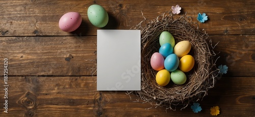 Happy easter, mockup paper card and easter painted eggs in nest on wooden table. Top view with copy space 