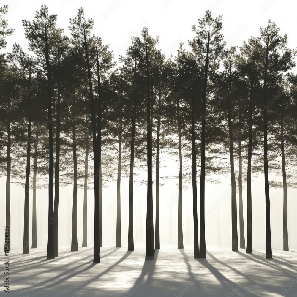 Fototapeta premium Tall pine trees casting shadows on a misty forest floor, soft lighting, on pure white background.