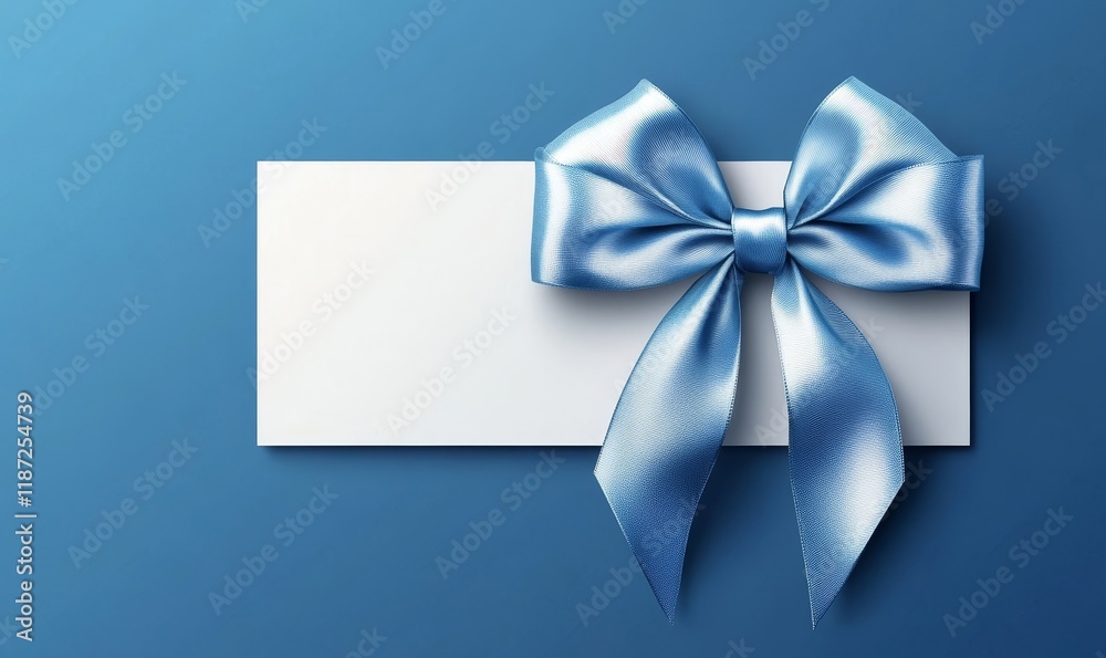 Card, gift and paper sign with bow on blue background for copy space announcement, invitation message or offer. Bow, ribbon, white coupon for discount, sale, special surprise voucher., Generative AI Card, gift and paper sign with bow on blue background for copy space announcement, invitation message or offer. Bow, ribbon, white coupon for discount, sale, special surprise voucher., Generative AI