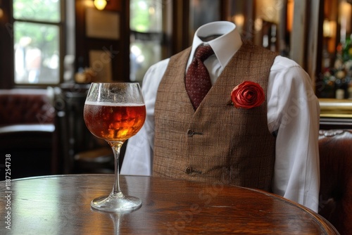 Headless Suit with Red Rose and Beer in Elegant Bar Setting