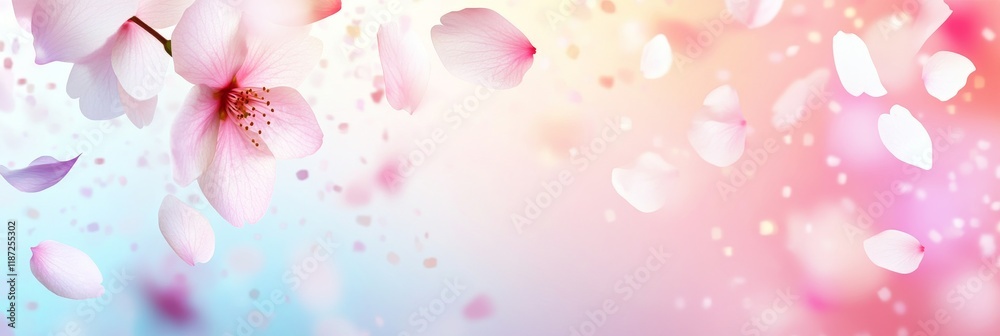An abstract background featuring soft pink and blue hues with scattered flower petals and bokeh effects, providing ample copy space An abstract background featuring soft pink and blue hues with scattered flower petals and bokeh effects, providing ample copy space