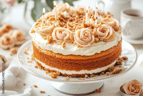 Elegant Rose-Decorated Layer Cake with White Frosting and Candles on Cake Stand
