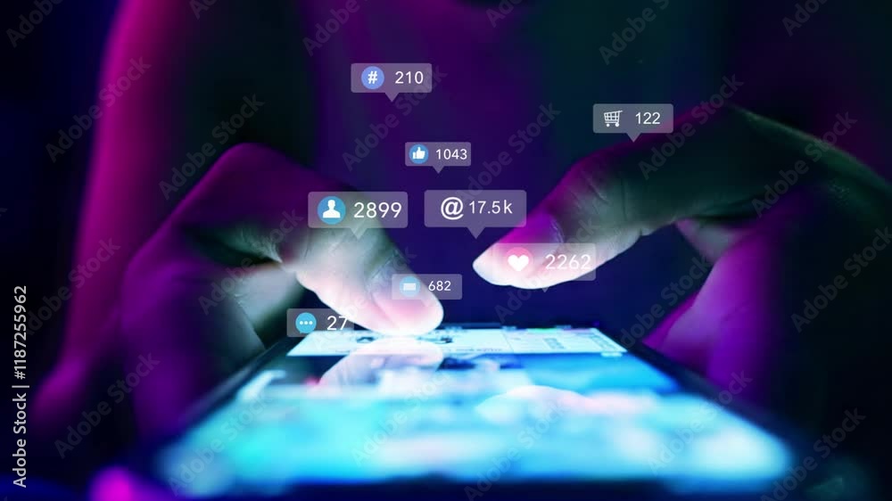 business woman using smartphone ,icons social media fly over showing people engagement connection through social network application platform,Concept viral video and social media marketing