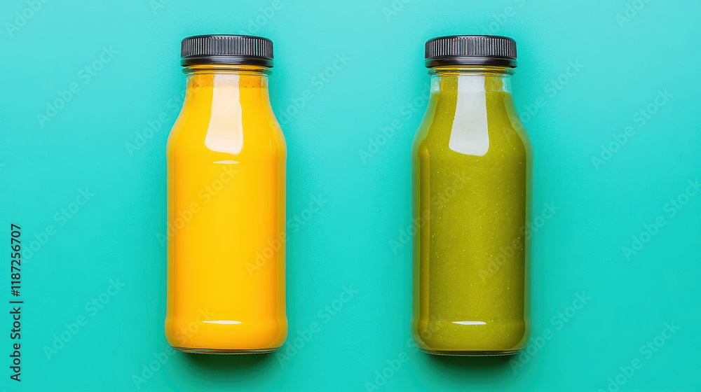 Two colorful juice bottles on vibrant turquoise background Two colorful juice bottles on vibrant turquoise background