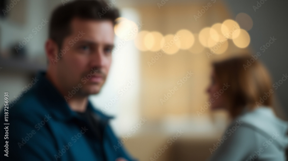 Obraz premium A blurry image of a man and woman, possibly in an argument or disagreement, captured in a dimly lit indoor setting. The atmosphere feels tense and uncertain.