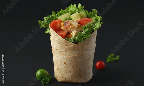 Chicken wrap with fresh vegetables on dark background photo