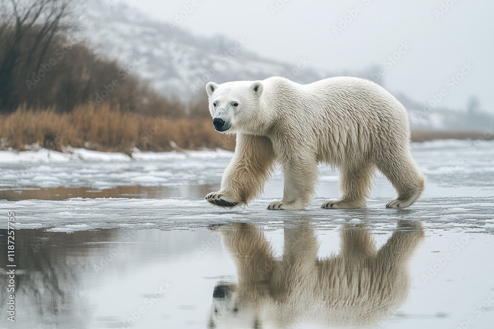 Polar bear walks icy river, serene reflection. Polar bear walks icy river, serene reflection.