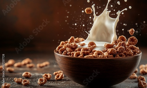 Cereal milk splash, breakfast bowl, brown background, food photography, healthy photo