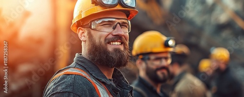A group of miners in safety gear, smiling and working in a quarry, showcasing teamwork and resilience in a challenging environment.