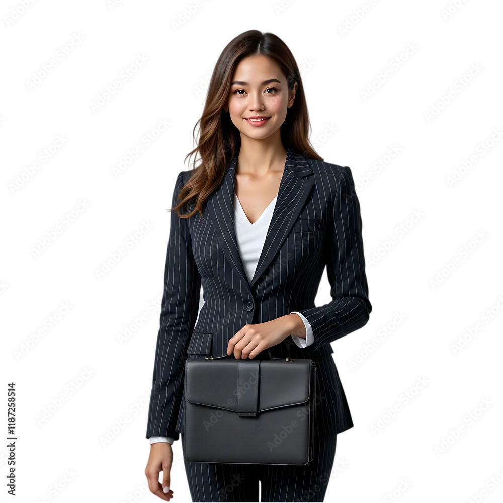 Confident Asian Businesswoman in Stylish Pinstripe Suit Holding a Professional Black Briefcase, Portrait, Studio Shot, Elegant, Successful, Modern Confident Asian Businesswoman in Stylish Pinstripe Suit Holding a Professional Black Briefcase, Portrait, Studio Shot, Elegant, Successful, Modern