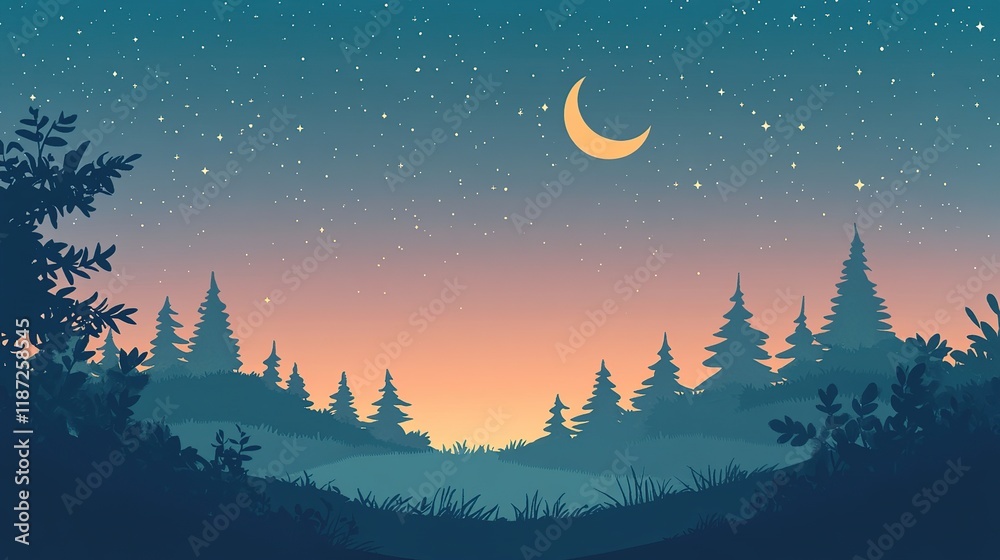 Fototapeta premium Serene night landscape with crescent moon, starry sky, and silhouetted forest.