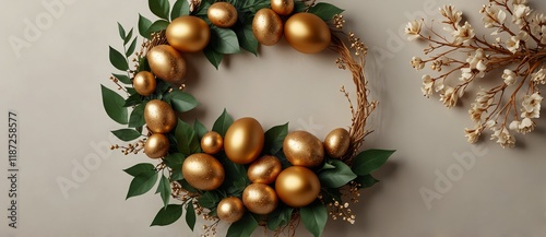 Stylish wreath with golden Easter eggs and leaves on light background
