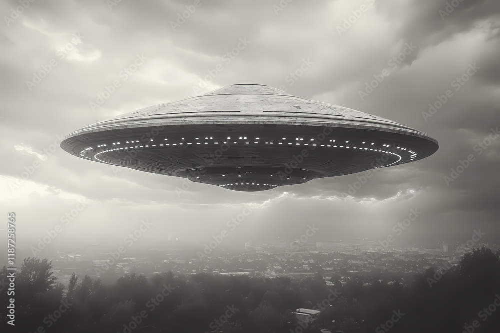 Black and white photograph of a UFO in a dramatic sky, evoking mystery and intrigue, perfect for sci-fi or retro-themed projects Black and white photograph of a UFO in a dramatic sky, evoking mystery and intrigue, perfect for sci-fi or retro-themed projects