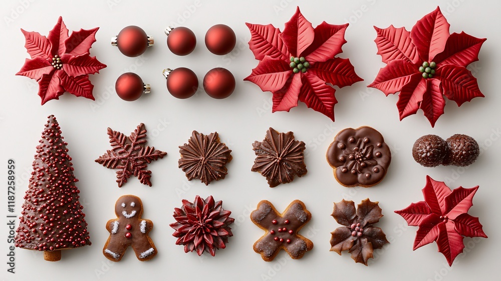 Fototapeta premium Festive holiday decorations and sweet treats on a white background for celebration