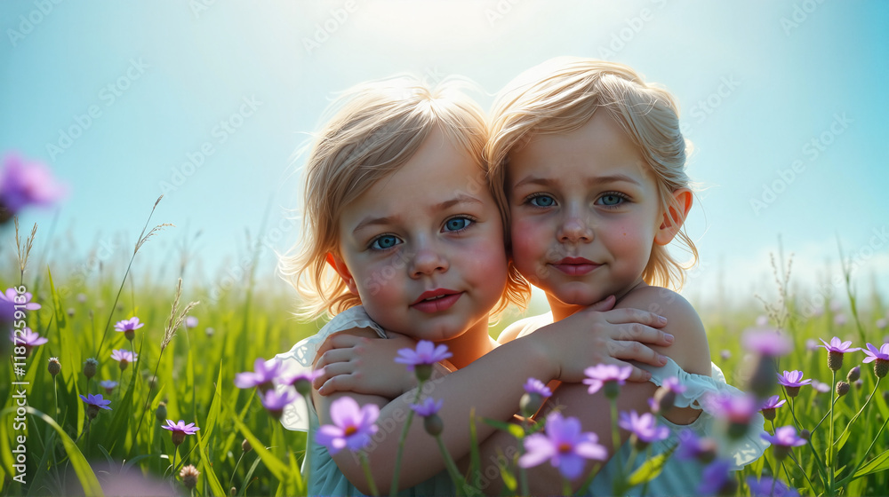 Twin girls hugging in a sunlit field of wildflowers, hugs Twin girls hugging in a sunlit field of wildflowers, hugs