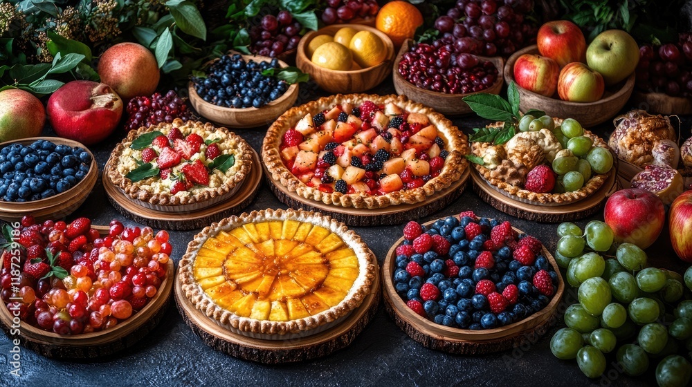 Fototapeta premium Fresh fruit tarts and berries on a dark table, perfect for a bakery menu.