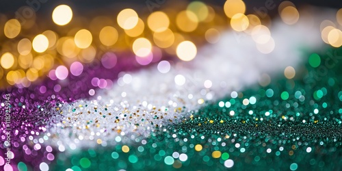 An abstract background featuring shimmering glitter in purple, white, gold, and green tones with soft bokeh lights and ample copy space