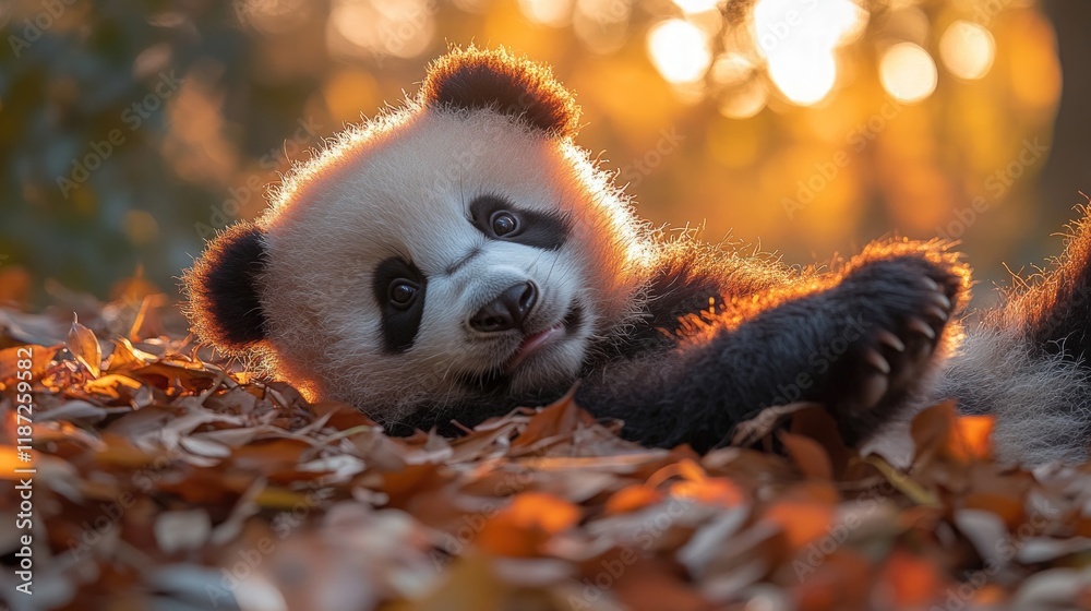 Fototapeta premium Adorable panda cub, autumn leaves, golden sunlight.