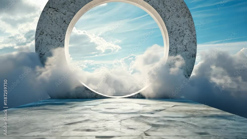 Surreal landscape featuring a mystical portal surrounded by clouds and mountains, Abstract 3D rendering of a surreal landscape with a platform and a circular opening in the clouds