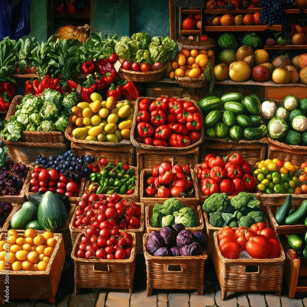 Fresh produce displayed in baskets at a vibrant outdoor market. Fresh produce displayed in baskets at a vibrant outdoor market.