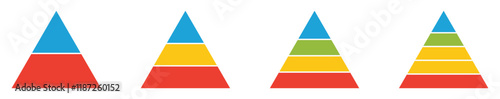 Pyramid infographic blue set. Triangle hierarchy data segments collection on white background. Pyramid for infographic of process.  pyramid chart infographic flat vector diagram presentation.