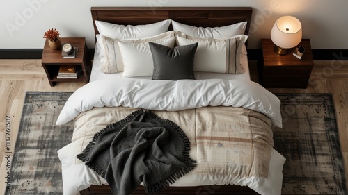 Top down view of cozy bedroom with a modern bed nightstand and decorative pillows white isolated background