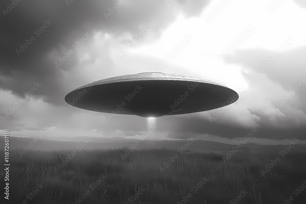 Black and white photograph of a UFO in a dramatic sky, evoking mystery and intrigue, perfect for sci-fi or retro-themed projects Black and white photograph of a UFO in a dramatic sky, evoking mystery and intrigue, perfect for sci-fi or retro-themed projects
